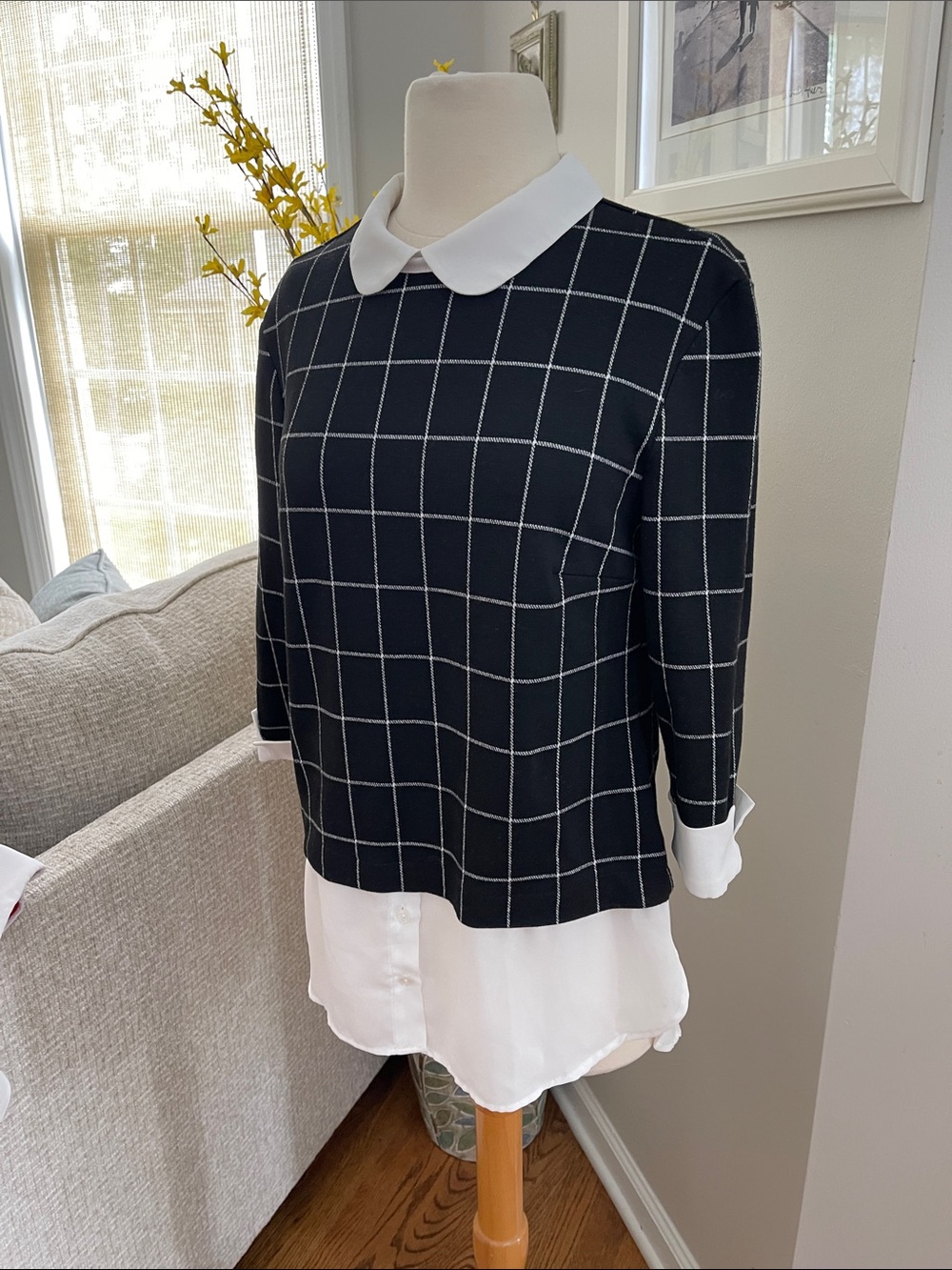 Black & White Windowpane Layered-Look Tunic Top